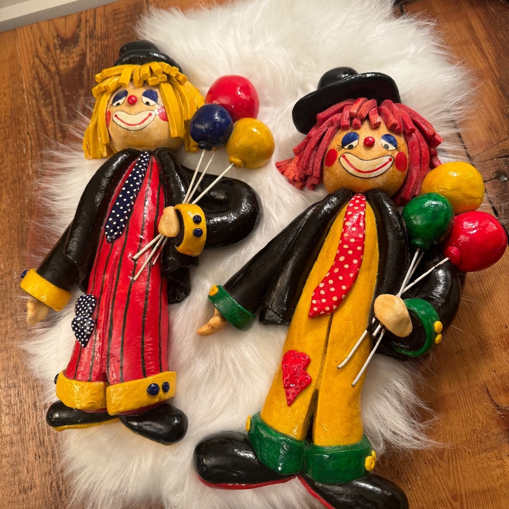 Vintage 1986 salt dough clowns. Handmade wall hangers.